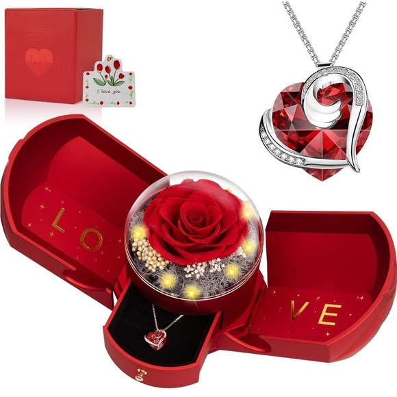 Sterling Silver 925 Red Heart Necklace with Red Rose Gift Box